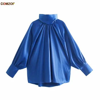 2022 Весенняя Женская Синяя Рубашка Из Атласа С Длинным Рукавом, Повседневная Свободная Блузка, Модные Открытые Топы, Одежда Camisas De Mujer