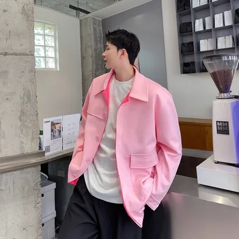 2022 Осень Корейский стиль простые розовые куртки мужские повседневные свободные однотонные куртки с лацканами мужские, M-XL