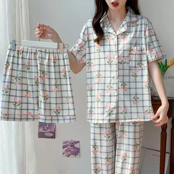 2023 Летние повседневные пижамные комплекты из хлопка в клетку с коротким рукавом и длинными штанами для женщин, Корейские шорты, пижамный костюм, домашняя одежда, Домашняя одежда