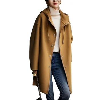 2023 Новая осенне-зимняя мода В Корейском стиле, Свободное однобортное Шерстяное пальто средней длины с капюшоном средней длины.