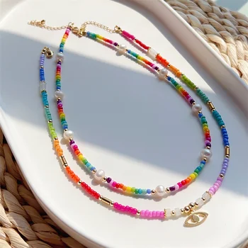 2023 Ожерелья с подвеской от сглаза, Колье из натурального жемчуга, Летнее ожерелье из разноцветных радужных бусин для женщин, украшения в стиле бохо.