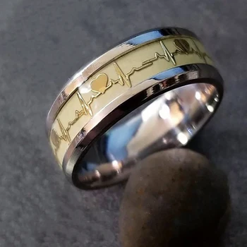 8 мм Золотого и серебряного цвета, Светящееся кольцо, Нержавеющая сталь, Светящиеся в темноте украшения, Электрокардиограмма, сердце, Любовь, Обручальные кольца, подарок
