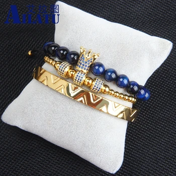 Ailatu 5 Комплектов Новых Роскошных браслетов Blue Cz Crown с натуральным камнем Тигровый Глаз 8 мм и браслетами из нержавеющей стали