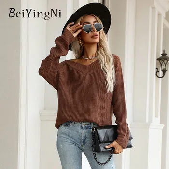 Beiyingni, винтажные женские свитера, вязание с V-образным вырезом, длинный рукав, однотонный Свободный женский пуловер, осень-зима, повседневный кофейный джемпер