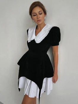 CamKemsey Модное Черное платье в стиле пэчворк Женское 2023 Шикарное Белое Летнее офисное мини-платье с кукольным воротником и коротким рукавом
