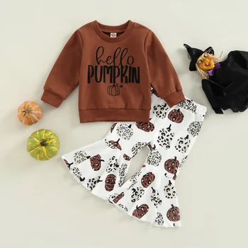 Citgeett, Осенние комплекты одежды для маленьких девочек на Хэллоуин, коричневый Пуловер с длинными рукавами и буквенным принтом + расклешенные брюки с принтом тыквы