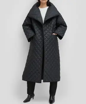 [ElfStyle] - Черное стеганое пальто Annecy, Женское Пальто с Драповым воротником-воронкой, Негабаритное пальто с подкладкой, с открытыми разрезами спереди И сбоку, Свободные Пальто
