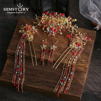 HIMSTORY Традиционный Китайский свадебный головной убор, Древняя заколка, длинные палочки для волос с кисточками, свадебные аксессуары из бисера