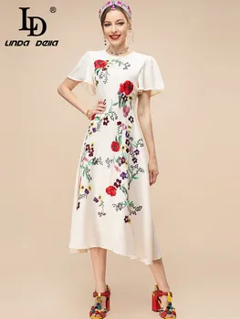 LD LINDA DELLA Fashion, Летнее платье для подиума, женское платье с коротким рукавом и цветочной вышивкой, вечерние винтажные элегантные платья миди