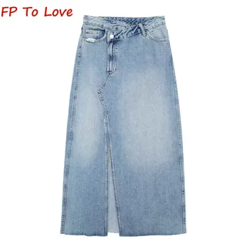 OOTD Прямые асимметричные джинсовые юбки миди с разрезом, Винтажный женский синий низ с карманом на молнии трапециевидной формы 8197054