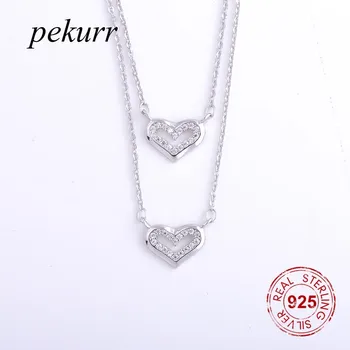 Pekurr Ожерелья-сердечки из стерлингового Серебра 925 пробы с двойной цепочкой для женщин, подвески-сердечки из Циркона, Романтический Ювелирный подарок