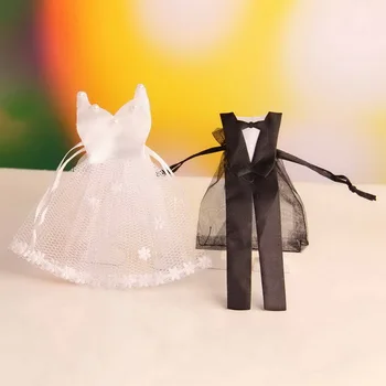 PKG032 (100), новое платье невесты и смокинг для жениха, мешочек для конфет на шнурке из органзы, свадебные сувениры, подарочная упаковка для вечеринки.