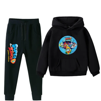 Superzings-Conjunto de ropa para niños y niñas, sudaderas con capucha y pantalones, chándal negro de algodón, 2 piezas