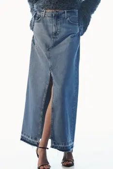 Traf Женские джинсовые длинные юбки приталенного кроя Модные юбки с высокой талией и высоким разрезом Винтажная Ретро Элегантная темпераментная юбка на пуговицах