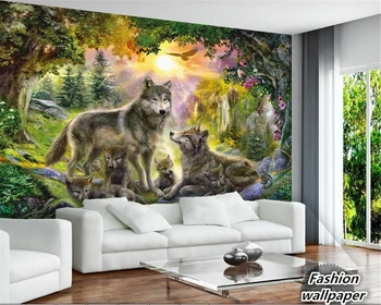 WELLYU papel de parede 3d обои Высокого класса солнечный свет зеленый лес серый волк дикая собака животное пейзажная живопись 3D