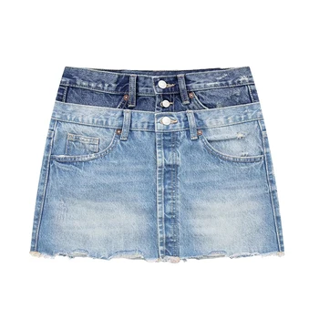 YENKYE 2023, женская джинсовая мини-юбка в стиле пэчворк с двойным поясом, Винтажные карманы с высокой талией, незаконченный подол, женские летние юбки