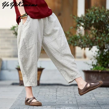 YoYiKamomo Хлопковые льняные женские брюки Макси 2018 Летние Оригинальные винтажные Однотонные женские брюки с эластичной резинкой на талии, Свободные повседневные женские брюки