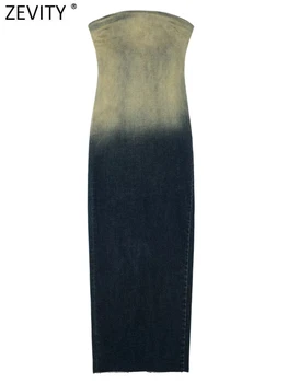 Zevity 2023 Женское Сексуальное облегающее джинсовое прямое платье Миди без бретелек, Женское Шикарное Летнее платье с разрезом на молнии сзади, вечерние платья DS4578