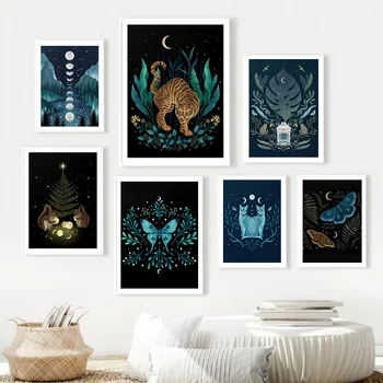 Абстрактные плакаты и принты с изображением кота, тигра, белки, Мотылька, лунного цветка, Настенная живопись на холсте, настенные панно для декора гостиной