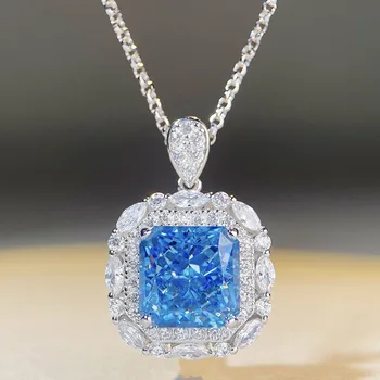 Аквамариновое женское ожерелье Подвеска из стерлингового серебра S925 Пробы, квадратная сумка с бриллиантами, цепочка для ключиц, Роскошные Атмосферные украшения
