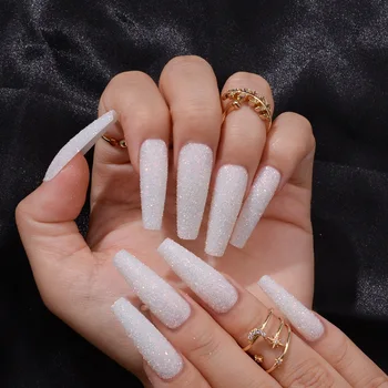 Блестящий белый Маникюрный набор для накладных ногтей многоразового использования, длинные Балерины, искусственные накладные ногти с блестками, Блестящие блестки