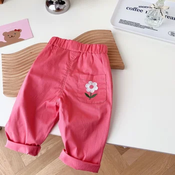 Весенние повседневные брюки с цветочной вышивкой для маленьких девочек, модные свободные хлопковые брюки с рисунком Редиса