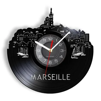 Виниловый альбом French Marseille Cityscape с измененным назначением Часы-рекордер City Of France Landmark Shadow Art Настенные часы Уникальный Домашний декор