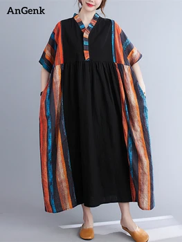 Винтажные платья из хлопка в стиле пэчворк большого размера для женщин 2023 Новое Летнее Повседневное Свободное Длинное платье Femme Robe Vestidos Элегантная одежда