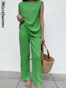 Винтажный повседневный комплект в складку, Элегантная зеленая майка без рукавов и свободные длинные брюки, комплект из двух предметов, модный наряд Feamle