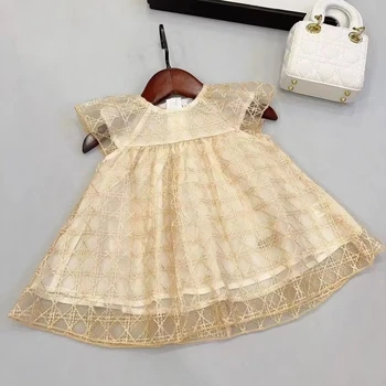 Высококачественная брендовая детская одежда, летнее тонкое хлопковое газовое вечернее платье для девочек с золотыми линиями