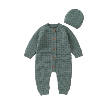 Детский комбинезон, осенний хлопковый вязаный комбинезон с длинным рукавом для новорожденных мальчиков и девочек, Комплекты шапок 0-18 м, Зимняя верхняя одежда Унисекс для младенцев, наряды