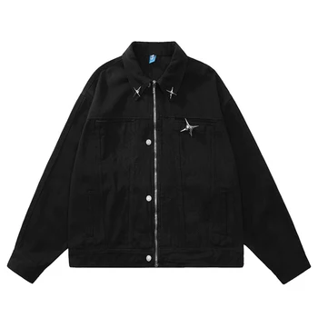 Джинсовая куртка в стиле хип-хоп, мужская уличная одежда с металлическими звездами, весенне-осенняя куртка на молнии, однотонная верхняя одежда с лацканами, оверсайз