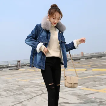 Джинсовая куртка с мехом, сексуальная женская длинная осенне-зимняя мода 2018, теплая джинсовая куртка, меховое женское пальто из искусственного меха KK2585 X