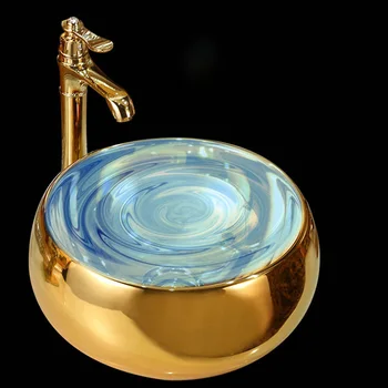 Европейские креативные Маленькие раковины для ванной Комнаты Золотой Художественный таз Керамическая Раковина для мытья посуды Умывальники для домашней ванной Комнаты Круглая раковина для столешницы