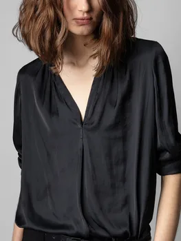 Женская блузка 2023, весна-лето, простая универсальная рубашка с V-образным вырезом и длинным рукавом
