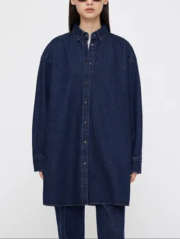 Женская прямая джинсовая куртка средней длины в стиле Ретро, Осенняя новинка 2022 года, женская однобортная длинная рубашка со свободным отложным воротником, пальто