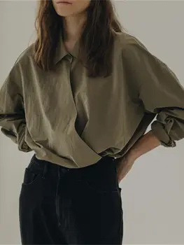 Женская рубашка с отложным воротником нерегулярной формы, Весна 2023, Новая мода, Офисная женская Повседневная простая однотонная блузка с длинным рукавом