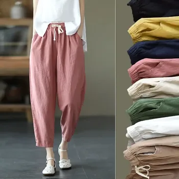 Женские брюки, хлопчатобумажные льняные свободные брюки-карандаш, Корейские летние Литературные брюки с высокой талией, прямые брюки, Весна 2023 г.
