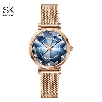 Женские часы из розового золота, модные креативные водонепроницаемые кварцевые женские часы со стразами, повседневные часы для девочек от ведущего бренда SHENGKE, подарок
