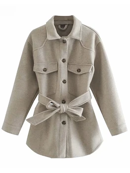 Женские шикарные шерстяные пальто с поясом 2023, Однотонные рубашки с карманами и длинными рукавами, куртки, верхняя одежда, элегантное пальто с отложным воротником