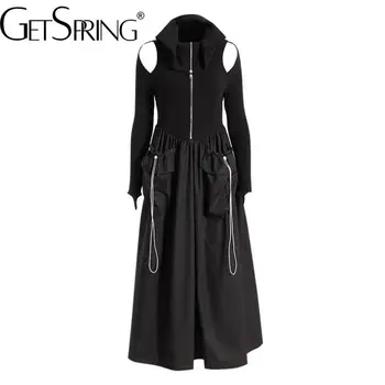 Женское платье Getspring 2023 Весна С открытыми плечами и высокой талией, Вязаное, сшитое, плиссированное, с карманом на шнурке, Длинное Черное платье Мода