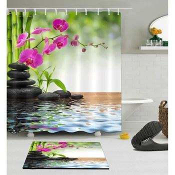 Занавеска для душа Spa Spring Zen с ковриком, бамбуковые экраны для ванной из камня орхидеи, водонепроницаемая полиэфирная ткань для декора ванны