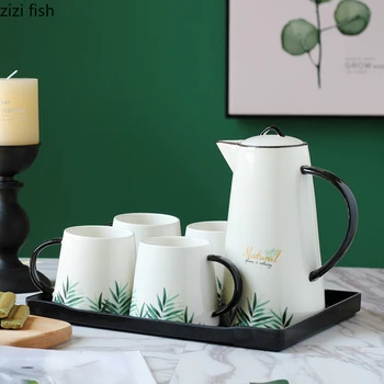 Зеленые растения Керамика Чашка для воды Чайный костюм Набор из пяти предметов Деревянный Подстаканник Пластиковый Квадратный Поднос Набор для чайных Чашек Мраморный Чайник для чашек