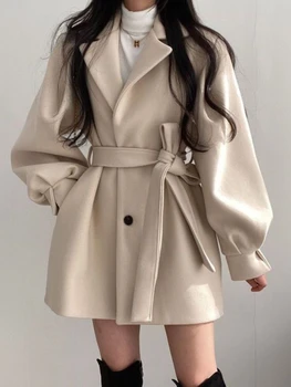 Зимняя куртка, женское шерстяное пальто, тренч в стиле МИДИ, женский Твидовый жакет с отложным воротником, на шнуровке, Корейский модный Офисный Женский пиджак