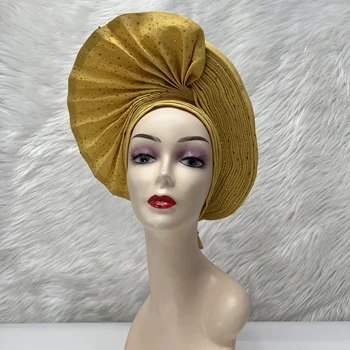 Золотой Африканский головной убор, женский головной убор, Автоматическая повязка на голову с камнями, Нигерийский головной платок для свадьбы, 1 комплект