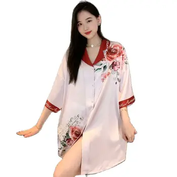 Изготовленная на заказ Чистая красная шифоновая ночная рубашка женская 2023 новый летний цветок мультфильм тонкий стиль senior sense плюс размер рубашки сексуальное платье для сна