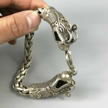Изысканный китайский Редкий коллекционный браслет ручной работы из тибетского серебра с драконом-амулетом