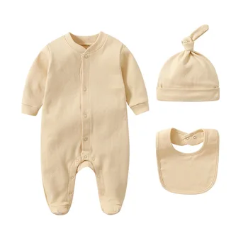 Комбинезон для новорожденных, хлопковый однотонный комплект одежды для маленьких девочек, Пижама с круглым вырезом, одежда для маленьких мальчиков, от 1 до 12 месяцев, длинный рукав, Весенняя осень, Осень