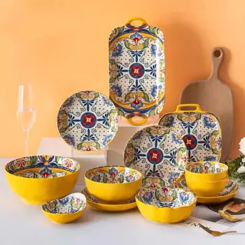 Комбинированный набор керамической посуды в богемном стиле, Высококачественная Бытовая керамическая миска для риса, тарелка для овощей, миска для лапши