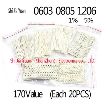 Комплект SMD резисторов 0603 0805 1206 1% 5% 0R - 10MR 170 значений Различных общих резисторов 10K 100K 1K 3K 1R 100R 220R Конденсатор